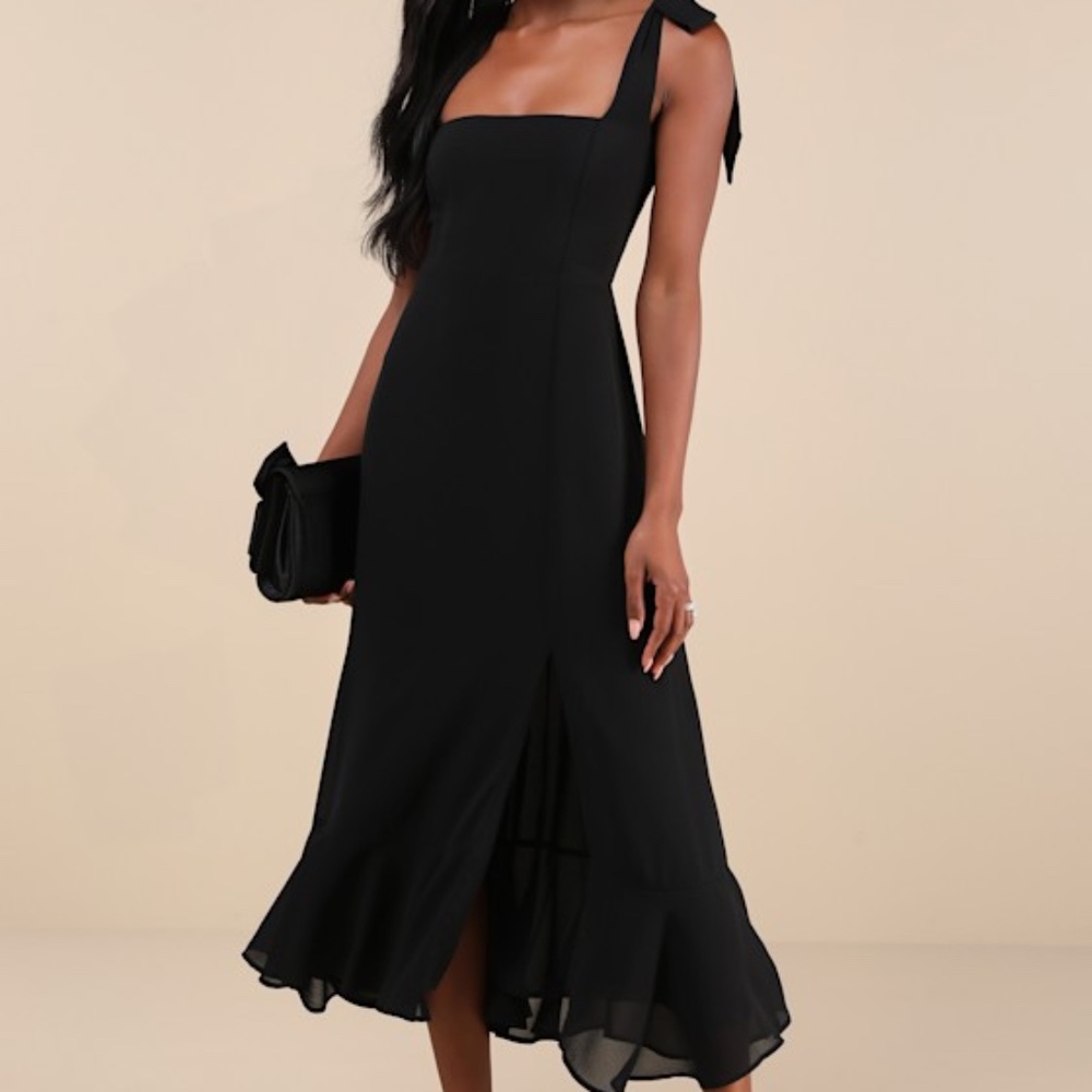 Lulus Summer Invite Black Tie-strap Tiered Midi Dress - Size L